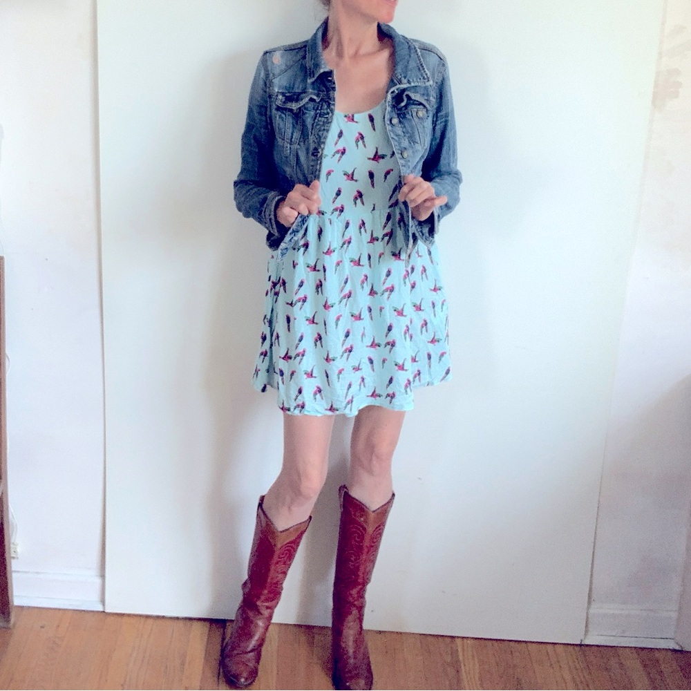 Fun Pale Blue Dress with Pink Parrot Print